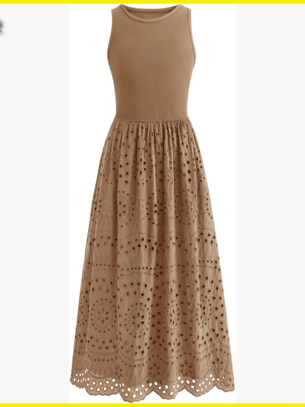 Boho Lace Eyelet A-Line Maxi Dress Sleeveless Casual Summer Cotton with Pockets